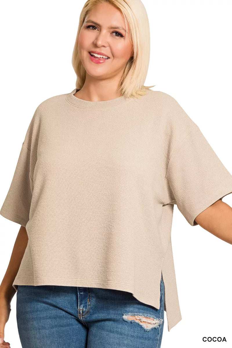 Zenana Full Size Double Knit Side Slits Hi Low Short Sleeve Top Plus Size - Trendsi - Flyclothing LLC