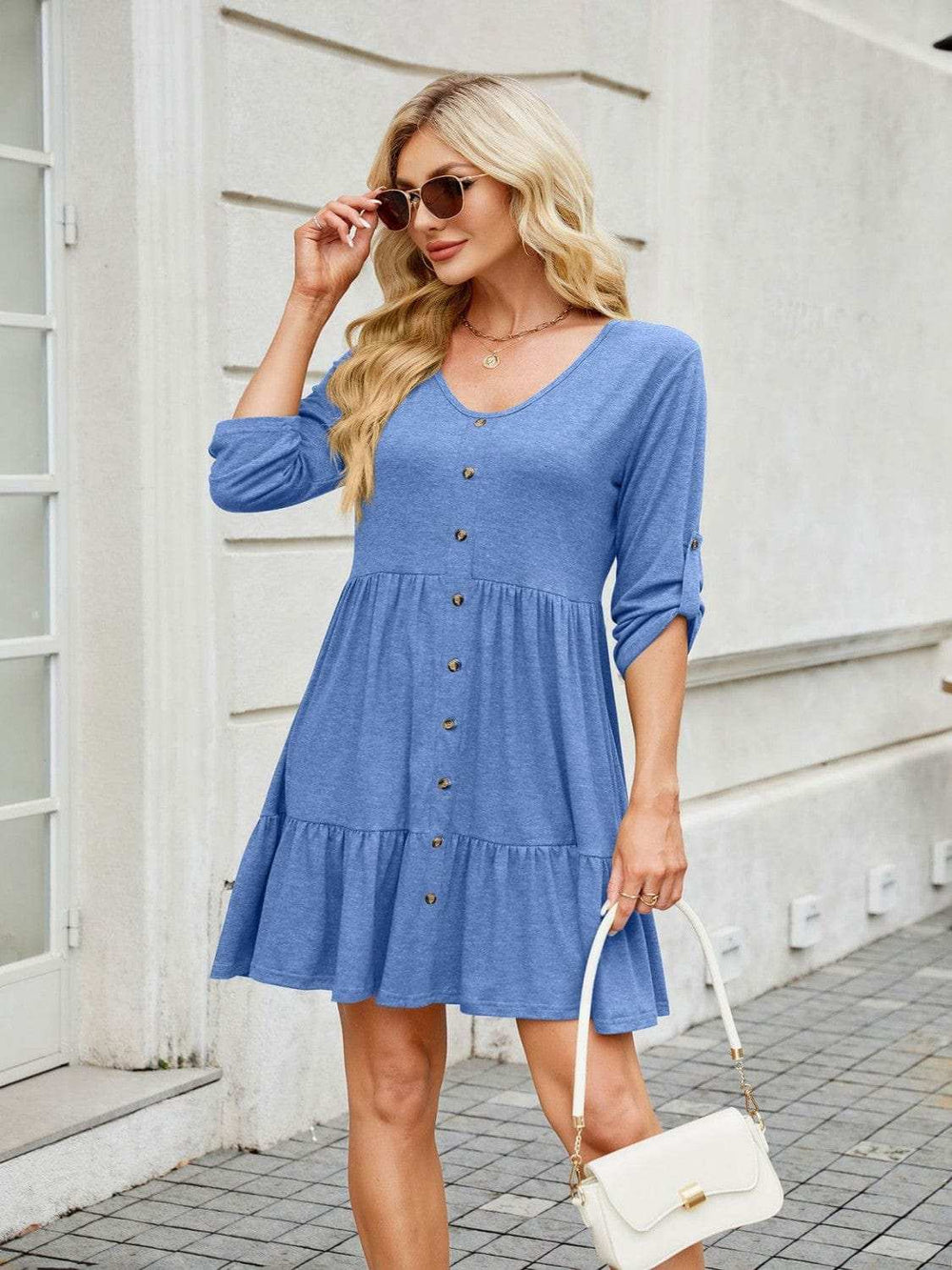 Tiered Ruched V-Neck Mini Dress - Trendsi - Flyclothing LLC