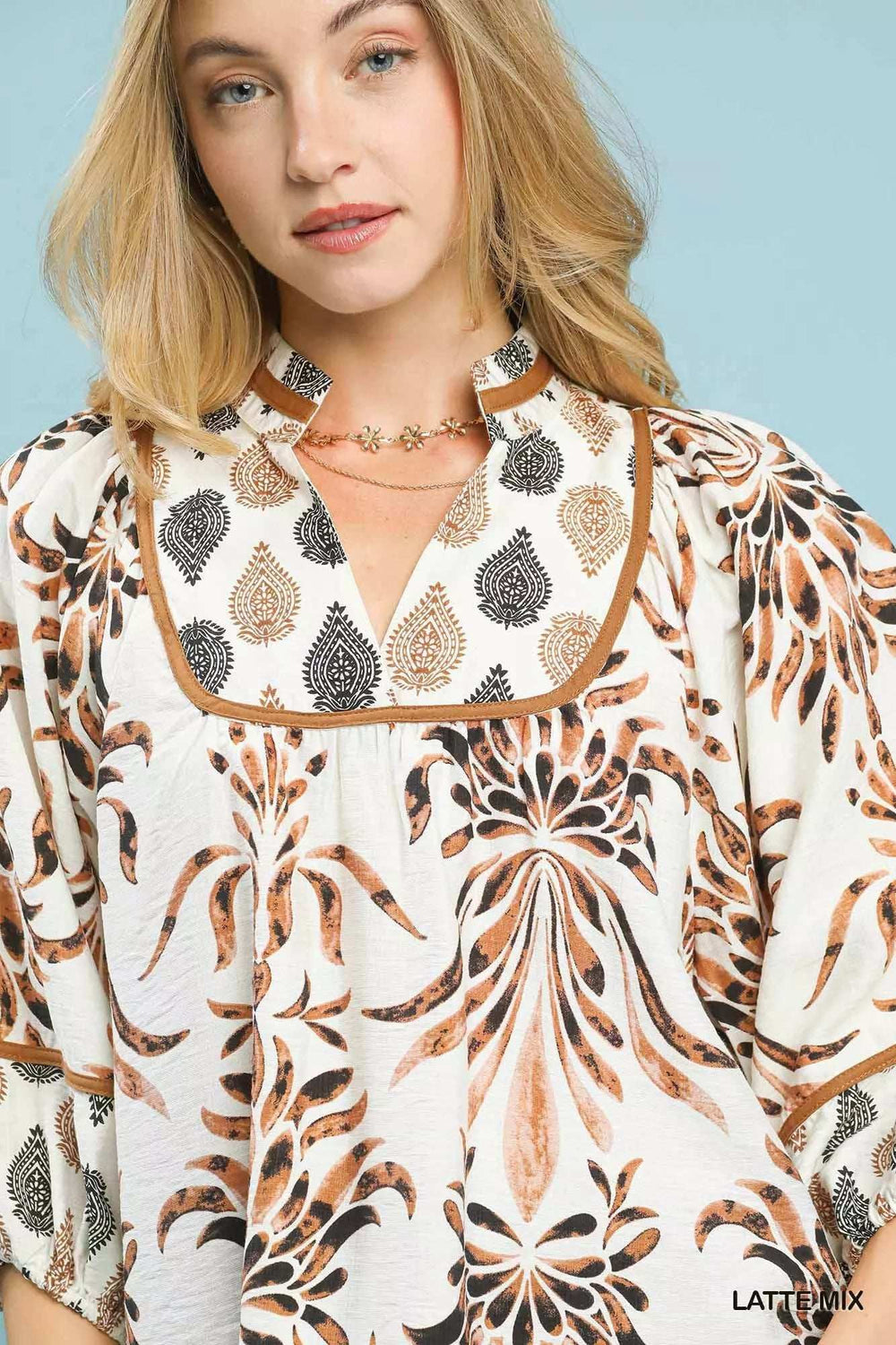 Umgee Mix Floral Print Balloon Sleeve Blouse - Trendsi - Flyclothing LLC
