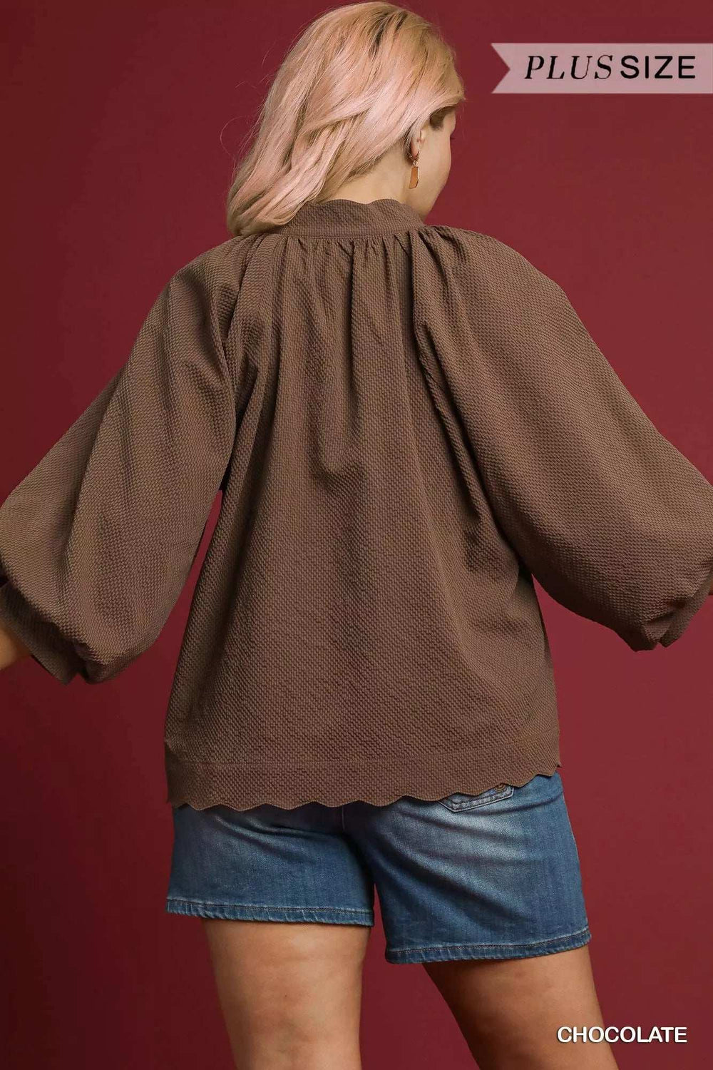 Umgee Full Size Textured Notched Balloon Sleeve Blouse Plus Size - Trendsi - Flyclothing LLC