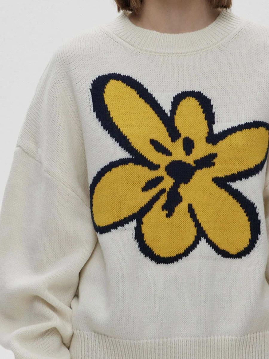 Flower Ribbed Hem Round Neck Sweater - Trendsi - Flyclothing LLC