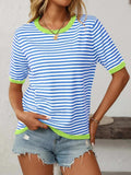 Mandy Striped Round Neck Half Sleeve Knit Top - Trendsi - Flyclothing LLC