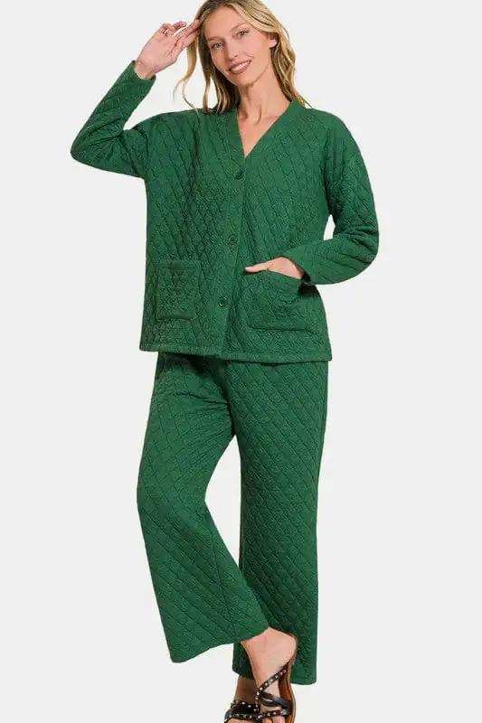 Zenana Quilted Button Up Long Sleeve Top and Pants Lounge Set - Trendsi - Flyclothing LLC