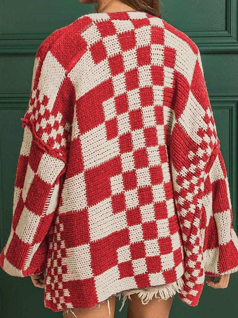 Checkered Open Front Long Sleeve Cardigan - Trendsi - Flyclothing LLC
