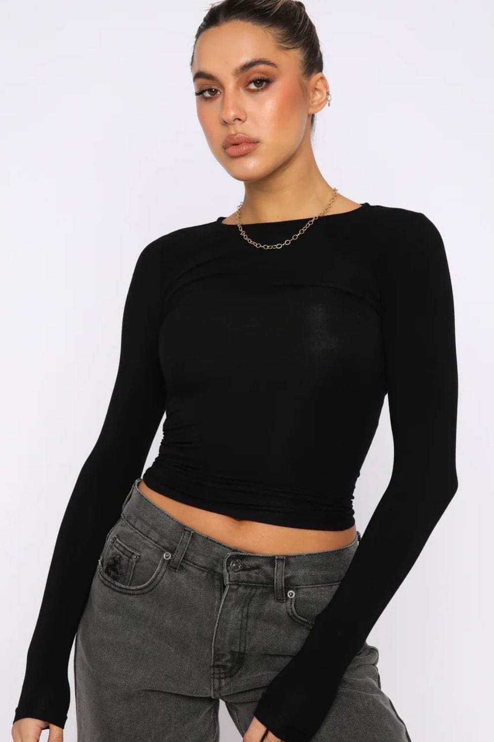 Round Neck Long-Sleeve Top - Trendsi - Flyclothing LLC