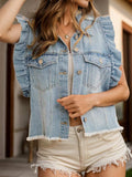 Raw Hem Ruffled Cap Sleeve Denim Jacket - Trendsi - Flyclothing LLC