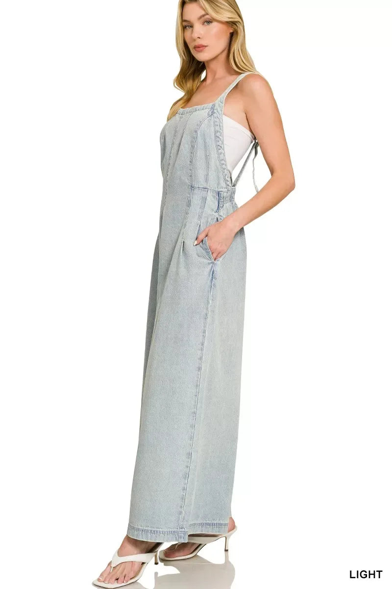 Zenana Denim Light Washed Wide Leg Overalls - Trendsi - Flyclothing LLC