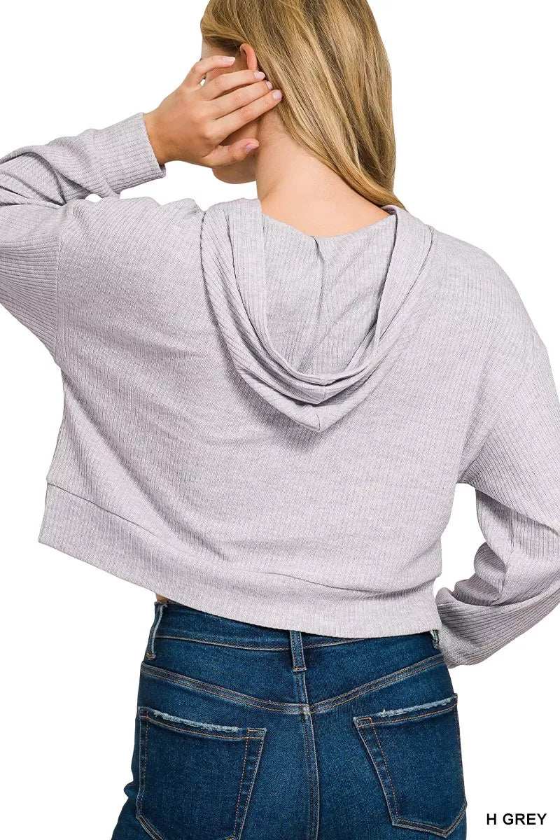 Zenana Drop Shoulder Ribbed Crop Hoodie - Trendsi - Flyclothing LLC