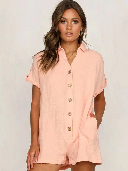 Button Front Short Sleeve Romper - Trendsi - Flyclothing LLC
