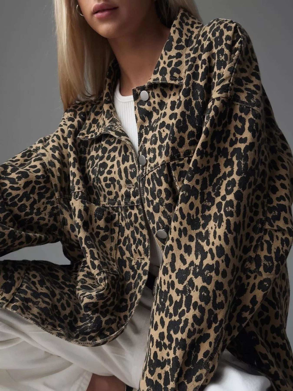 Leopard Button Up Long Sleeve Denim Jacket - Trendsi - Flyclothing LLC