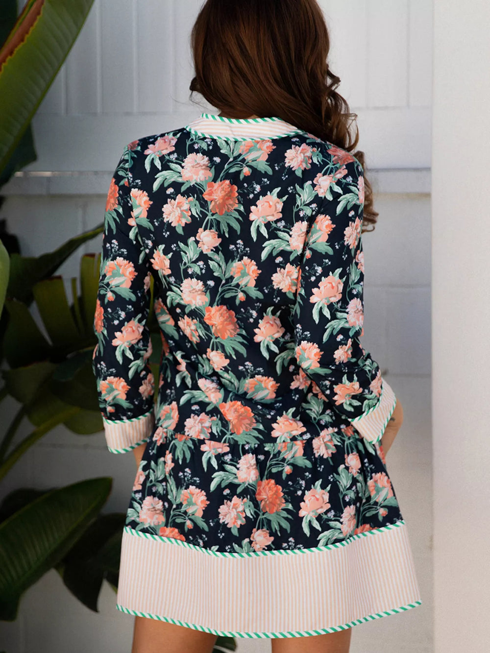 Floral Print Striped Trim V Neck Long Sleeve Ruffle Hem Shift Mini Dress - Trendsi - Flyclothing LLC