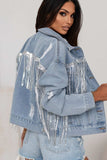 Sequin Fringe Trim Distressed Button Up Denim Jacket - Trendsi - Flyclothing LLC