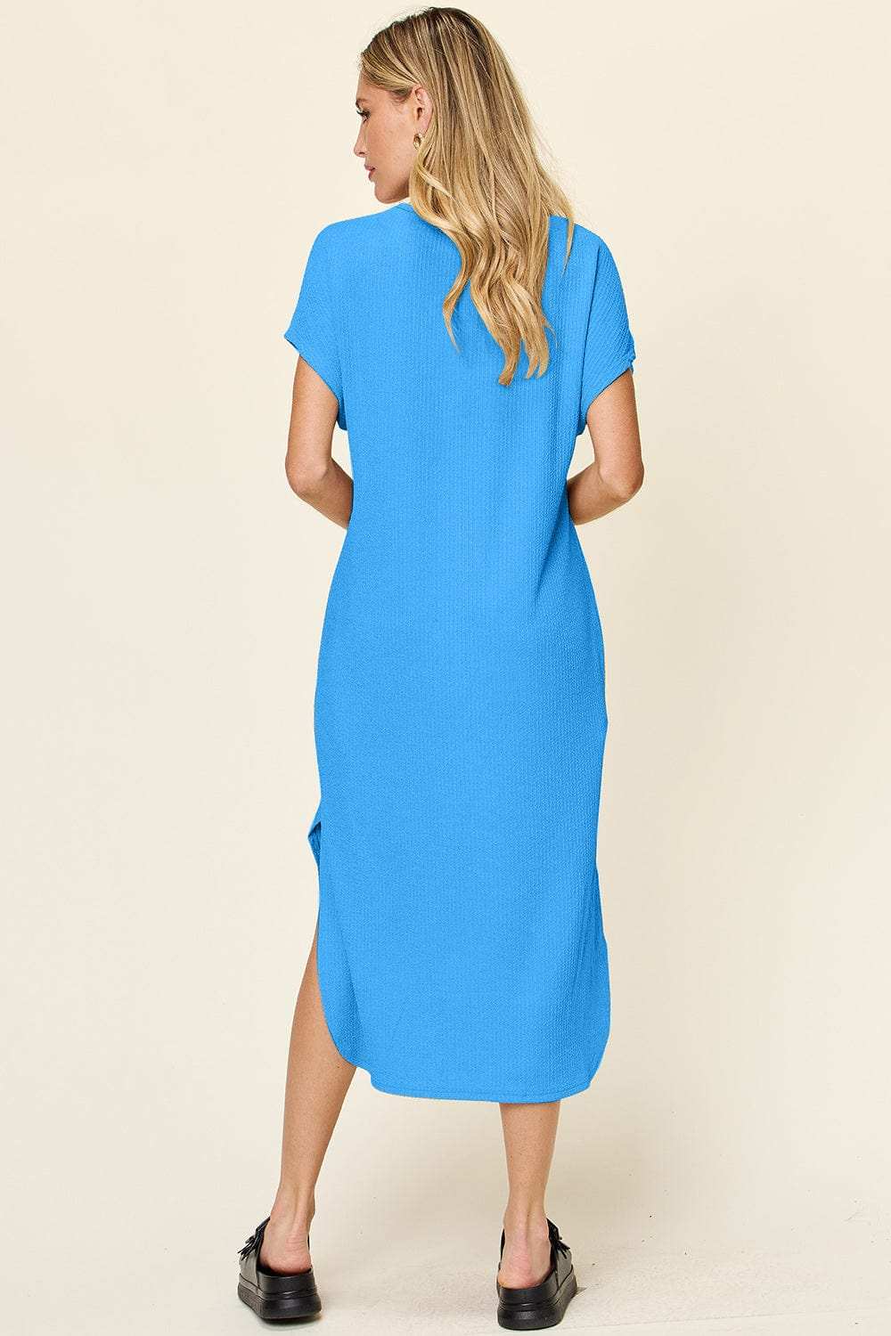 Double Take Full Size Round Neck Short Sleeve Slit Dress - Trendsi - Flyclothing LLC