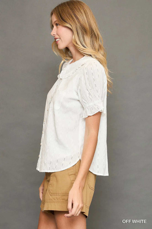 Umgee Peter Pan Collared Button Down Textured Shirt with Ruffled Detail - Trendsi - Flyclothing LLC