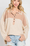 Waffle-Knit Color Block Half Button Long Sleeve Top - Trendsi - Flyclothing LLC