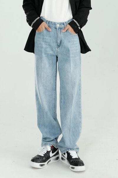 Mid Rise Wide Straight Jeans with Pockets - Trendsi - Flyclothing LLC