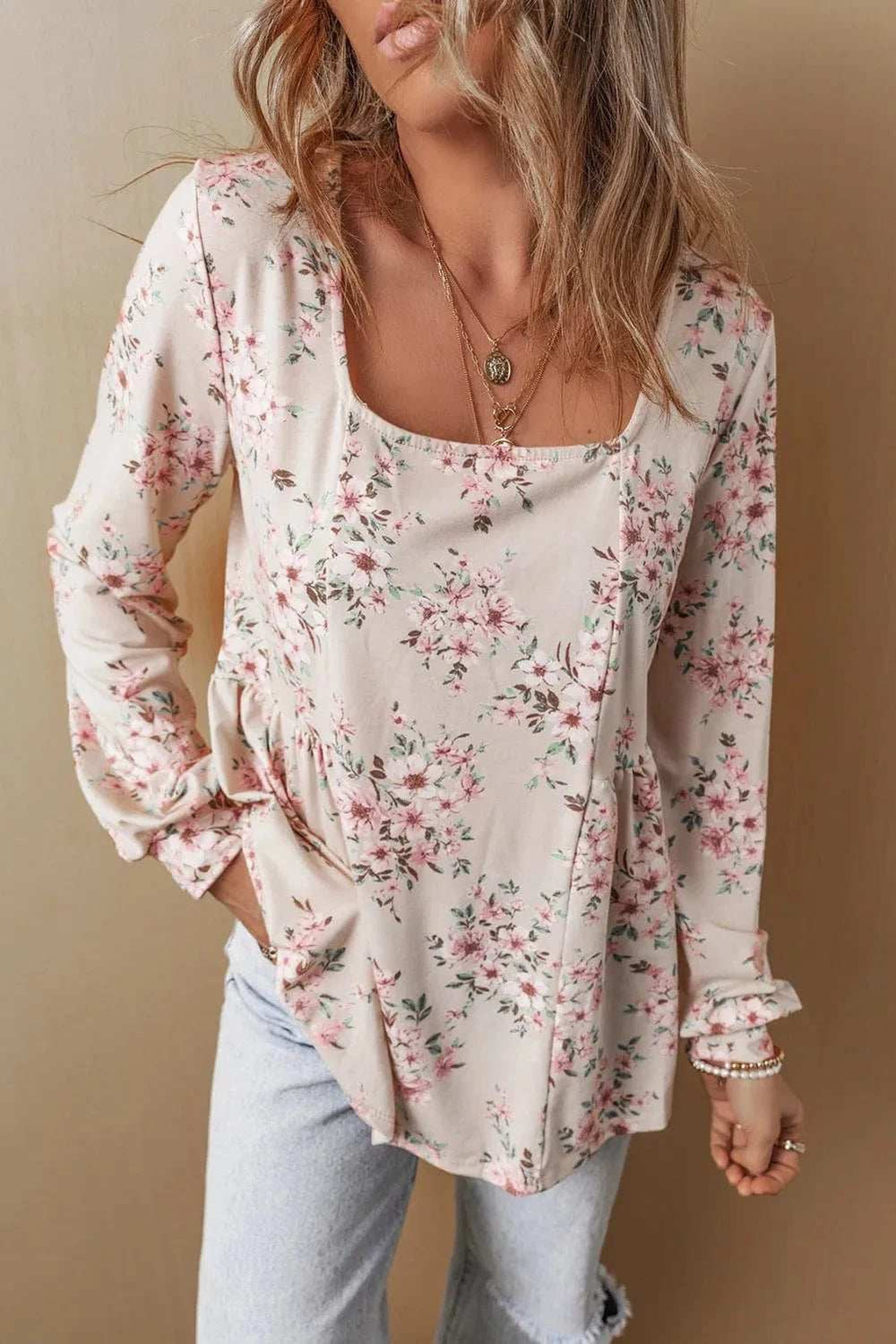 Printed Square Neck Long Sleeve Blouse - Trendsi - Flyclothing LLC