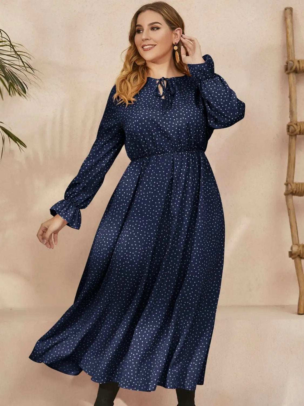 Plus Size Ruffled Polka Dot Long Sleeve Midi Dress - Trendsi - Flyclothing LLC