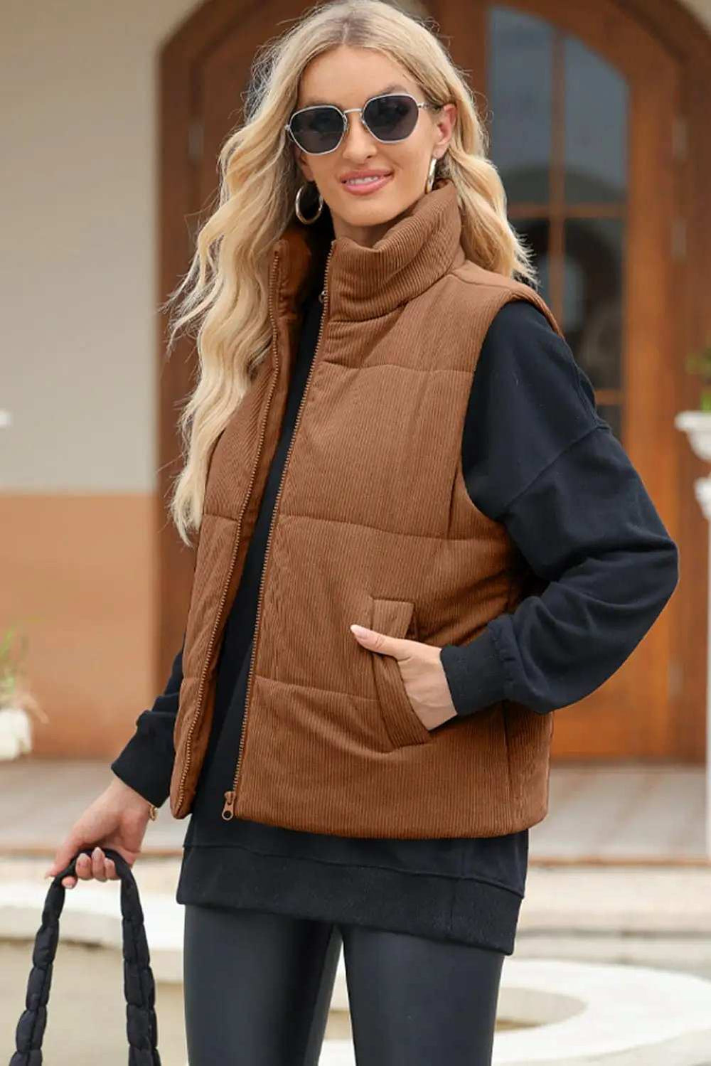 Pocketed Zip Up Turtleneck Vest Coat - Trendsi - Flyclothing LLC