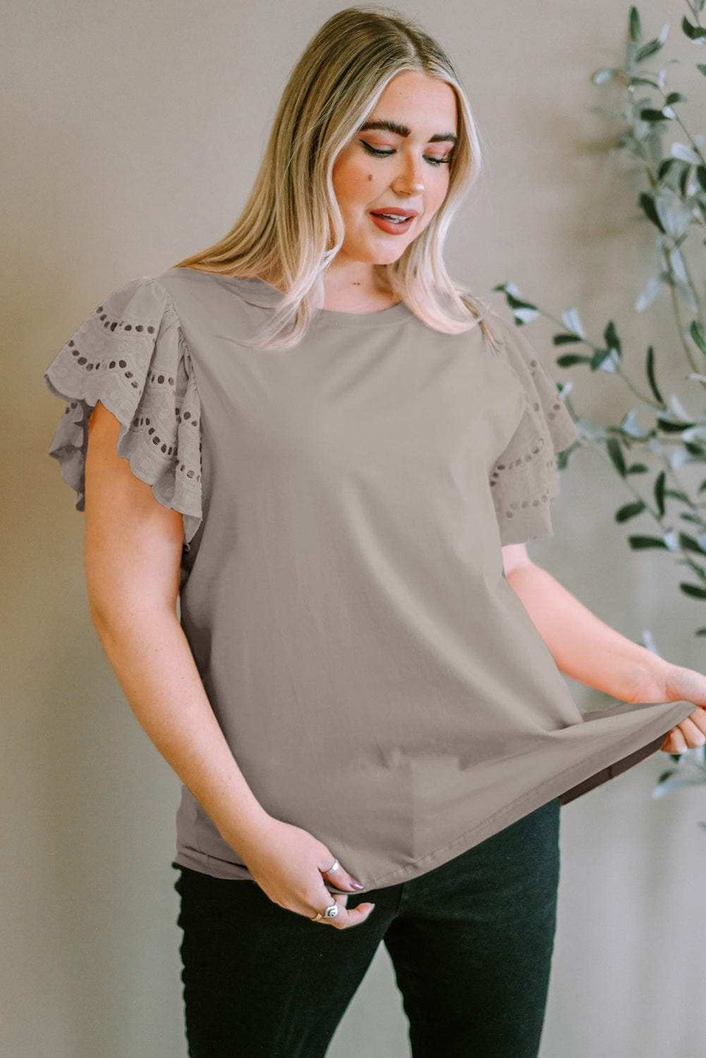 Plus Size Eyelet Round Neck Short Sleeve Blouse - Trendsi - Flyclothing LLC