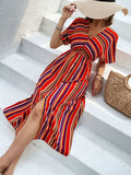Slit Striped V-Neck Short Sleeve Midi Dress - Trendsi - Flyclothing LLC