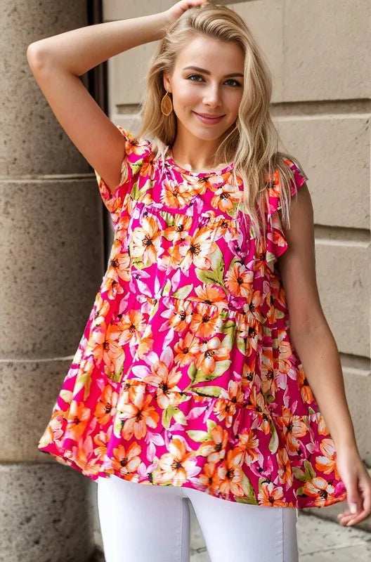 Heimish Full Size Butterfly Sleeve Floral Tiered Top Plus Size - Trendsi - Flyclothing LLC