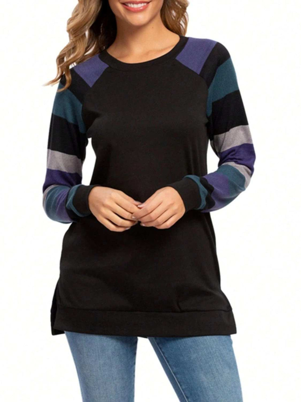 Color Block Round Neck Long Sleeve T-Shirt - Trendsi - Flyclothing LLC