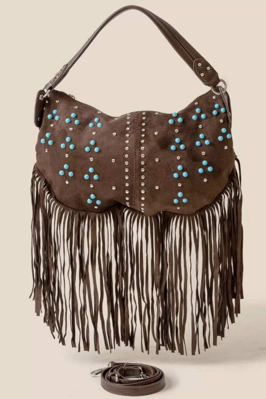 Fame Studded Pattern Multi Fringe Hobo Shoulder Bag - Trendsi - Flyclothing LLC