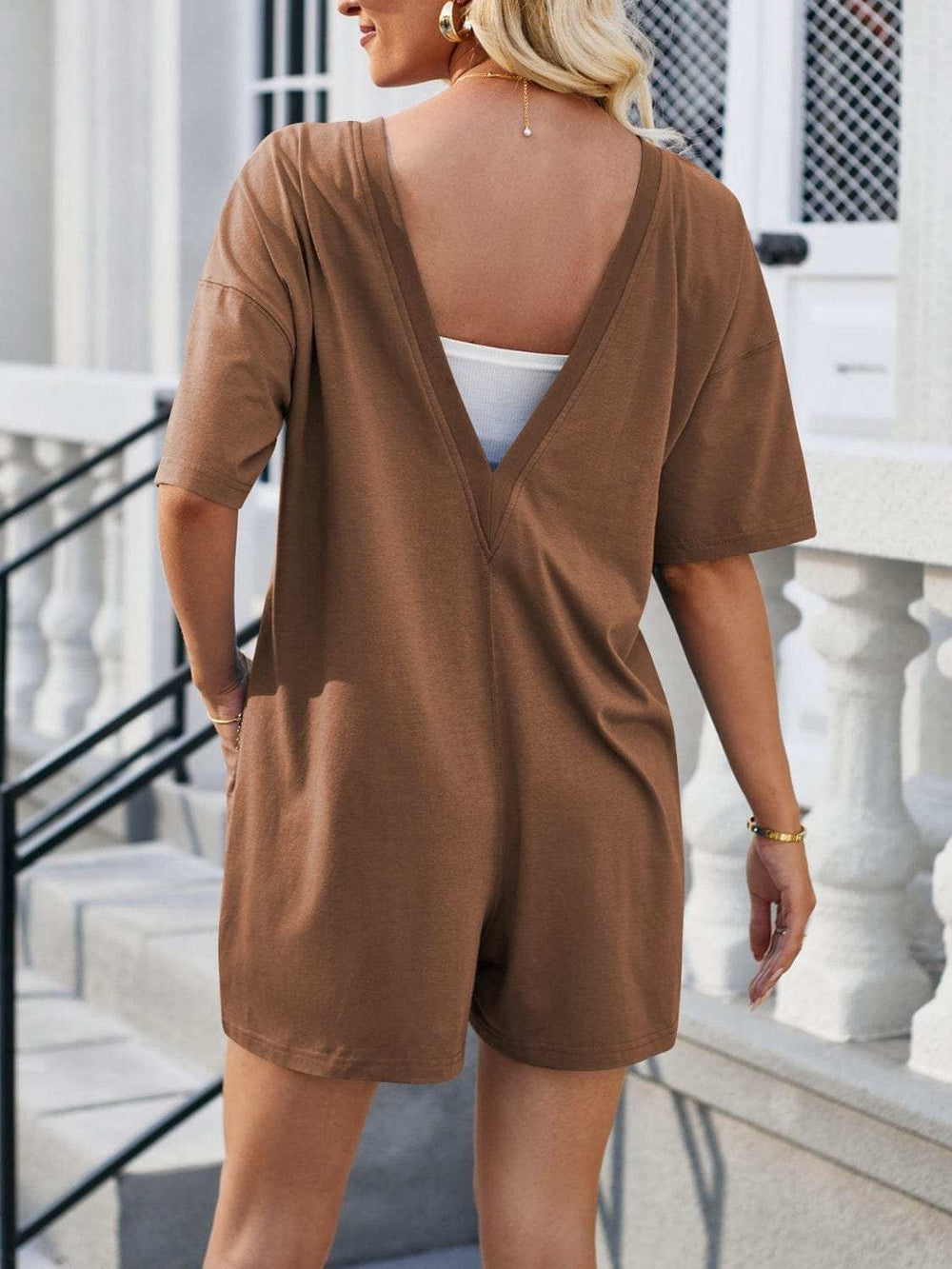 Backless Round Neck Half Sleeve Romper - Trendsi - Flyclothing LLC
