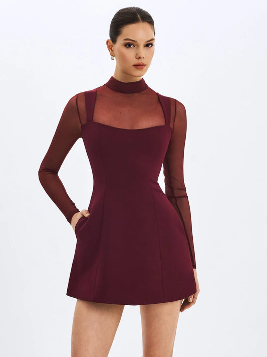 Natasha Burgundy Faux Two-Piece Turtleneck Mini Dress - Miss Circle - Flyclothing LLC