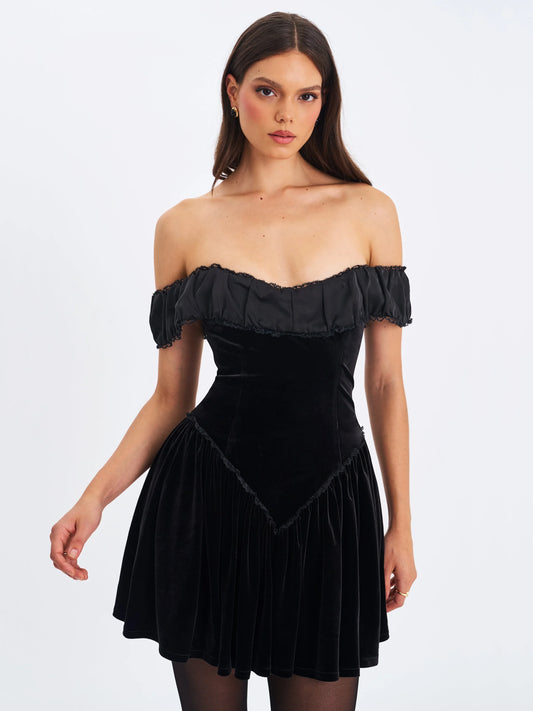 Daisha Black Lace Trimmed Off-Shoulder Ruched Mini Dress - Miss Circle - Flyclothing LLC