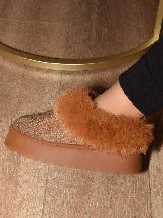 WILD DIVA Embellished Faux Fur Platform Booties - Trendsi - Flyclothing LLC