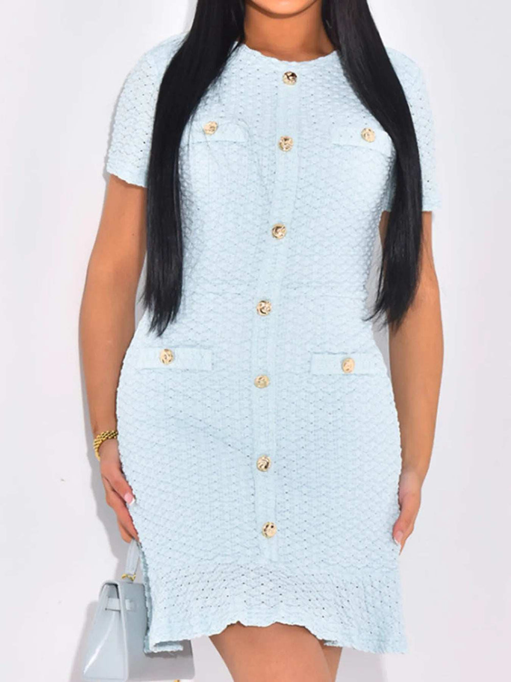 Button-Front Short Sleeve Textured Dress - Trendsi - Flyclothing LLC