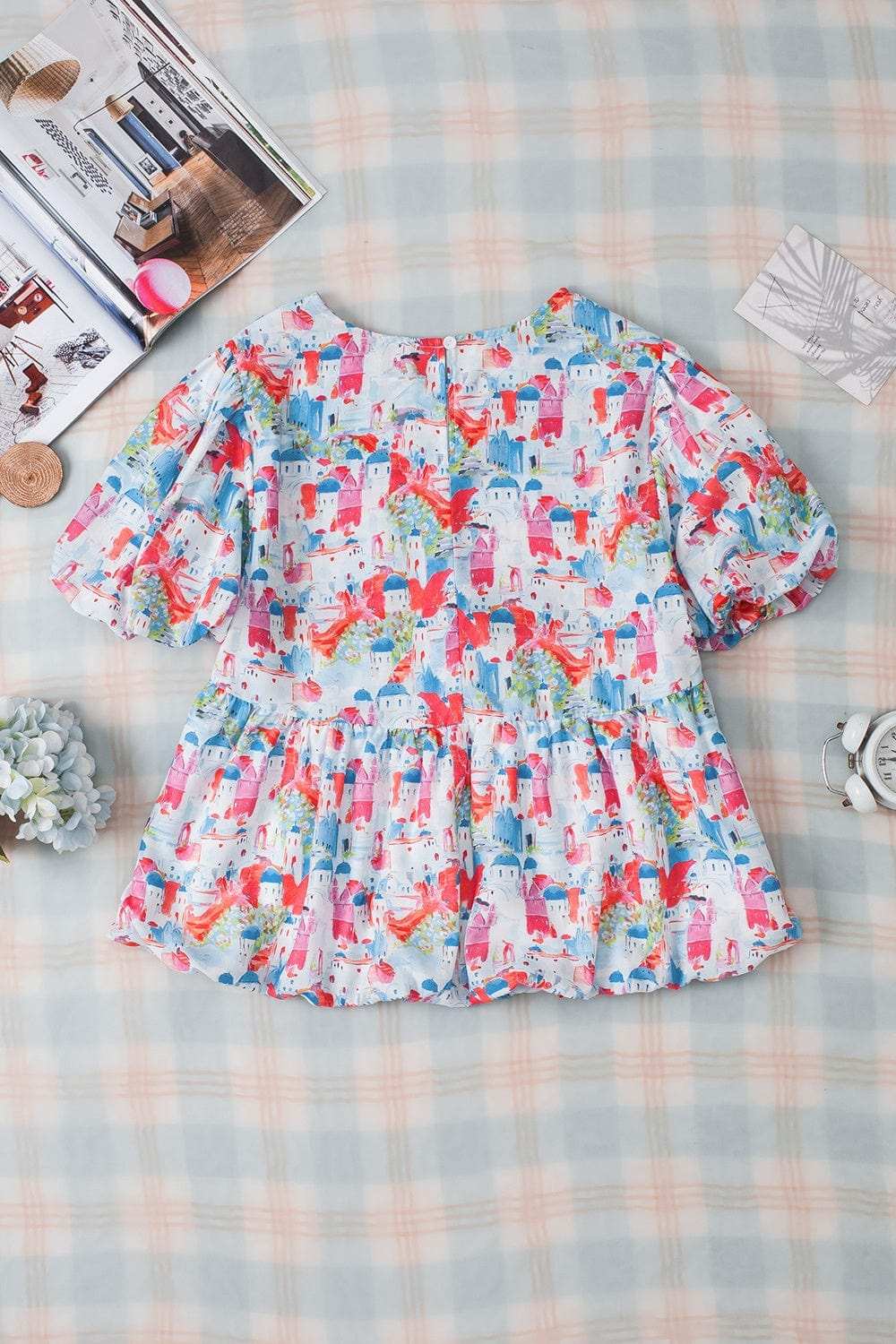 Printed Round Neck Puff Sleeve Blouse - Trendsi - Flyclothing LLC