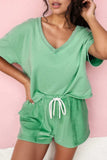 V-Neck Short Sleeve Loose Top and Drawstring Shorts Set - Trendsi - Flyclothing LLC