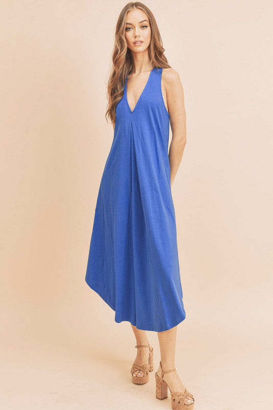 Aemi + Co Front Pleat Detail V-Neck Sleeveless Midi Dress - Trendsi - Flyclothing LLC