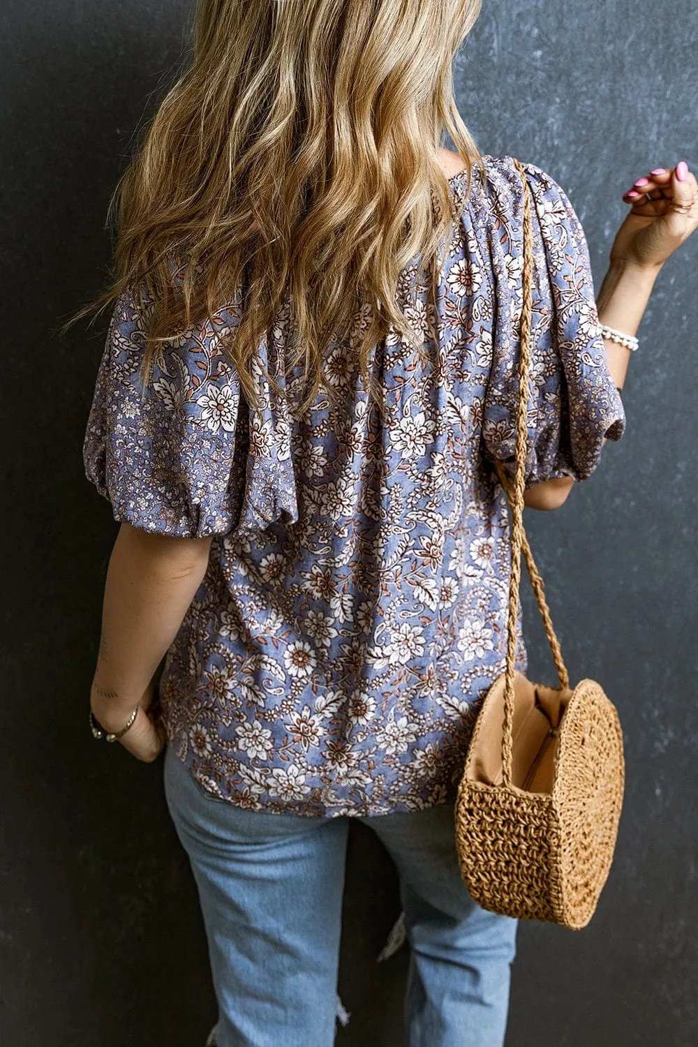Printed Tie Neck Half Sleeve Blouse - Trendsi - Flyclothing LLC