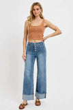 RISEN High Rise Ankle Wide Button Patch Pocket Cuffed Jeans - Trendsi - Flyclothing LLC