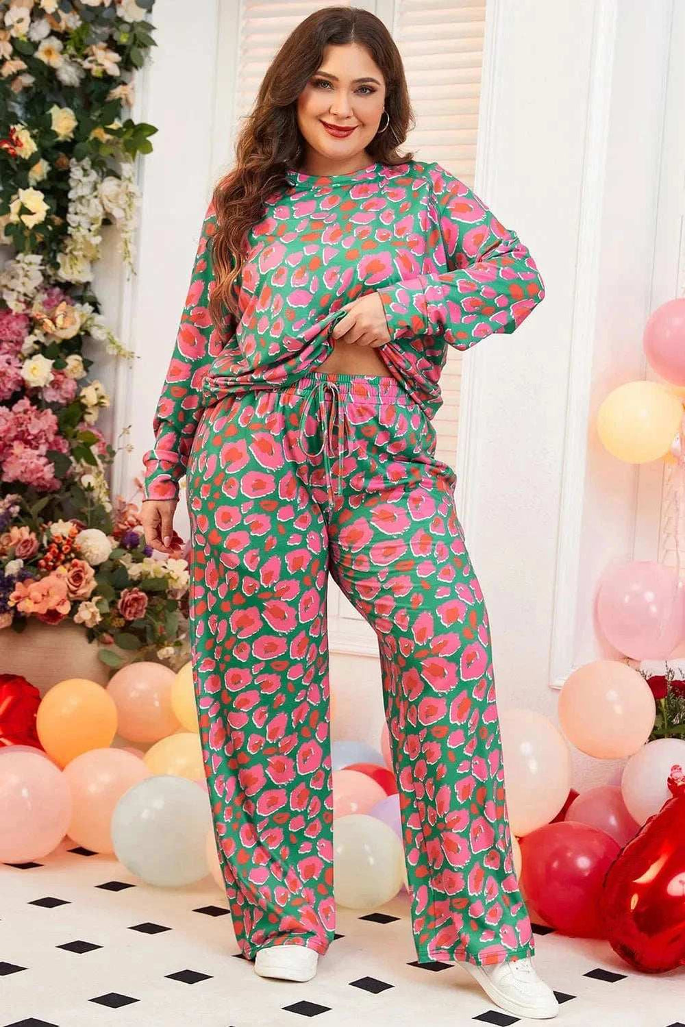 Plus Size Printed Round Neck Long Sleeve Top and Pants Set - Trendsi - Flyclothing LLC