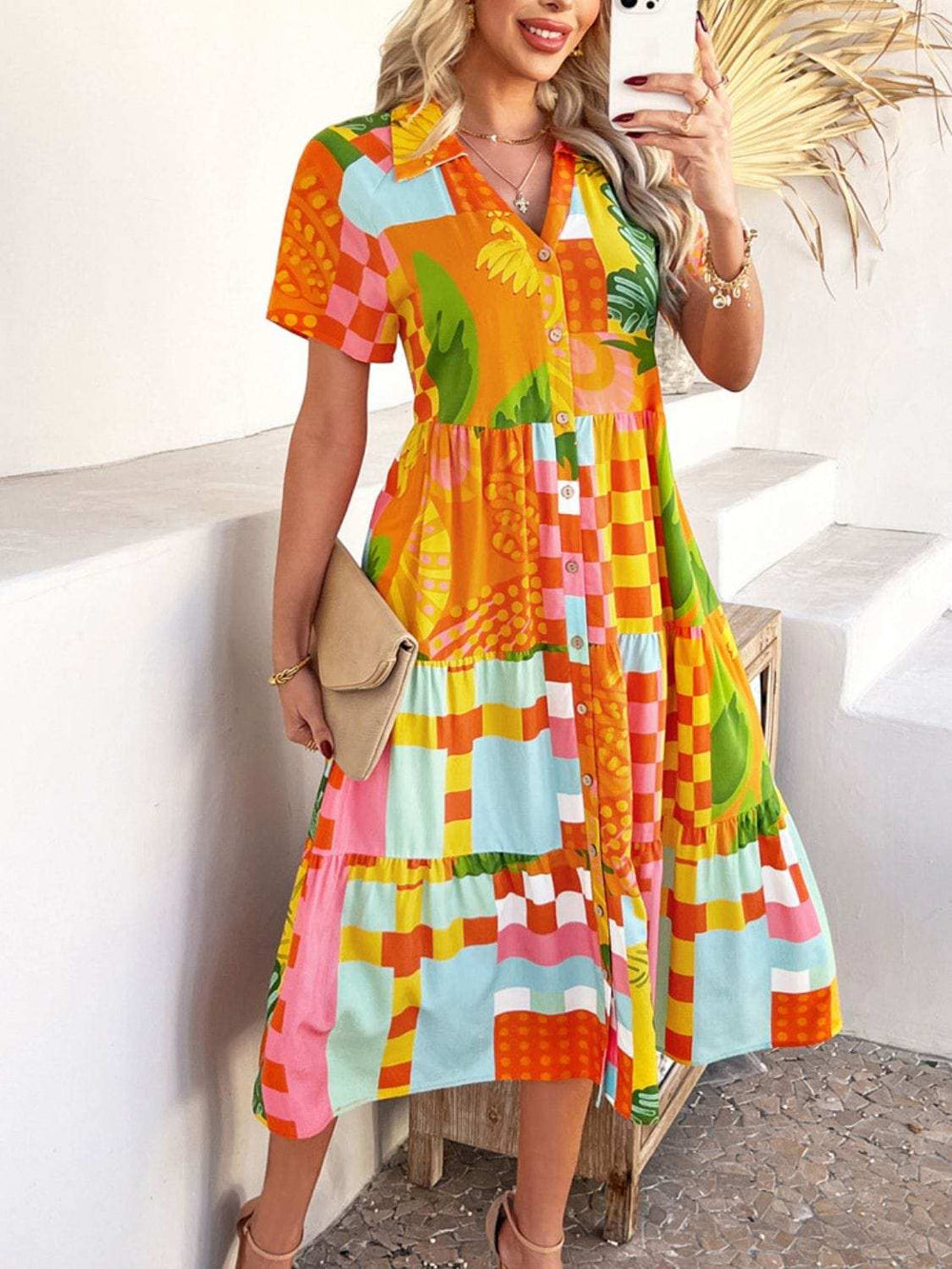 Devine Printed Johnny Collar Button Down Short Sleeve Midi Shirt Dress - Trendsi - Flyclothing LLC