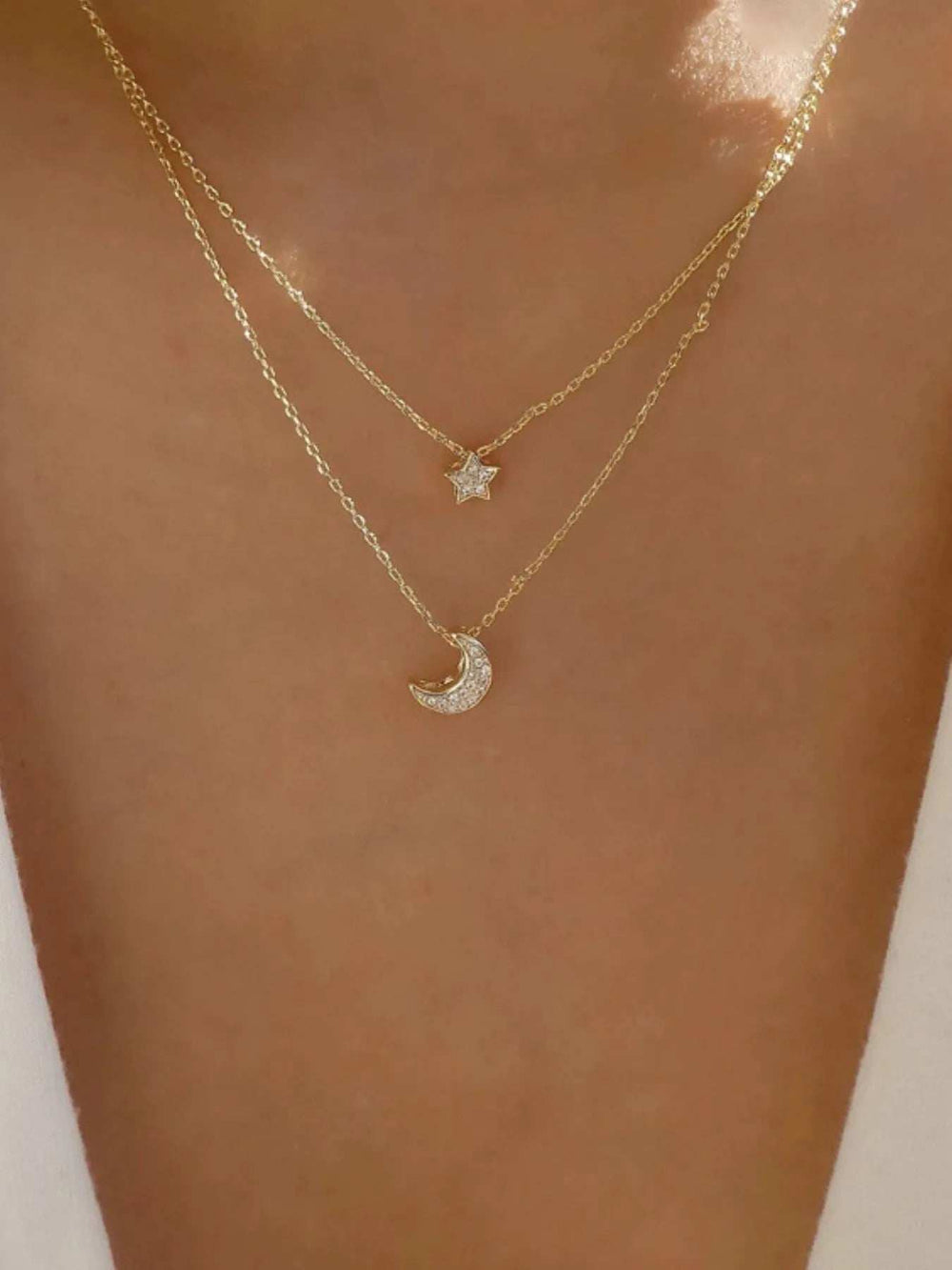 Double Layered Star and Moon Pendant Necklace - Trendsi - Flyclothing LLC