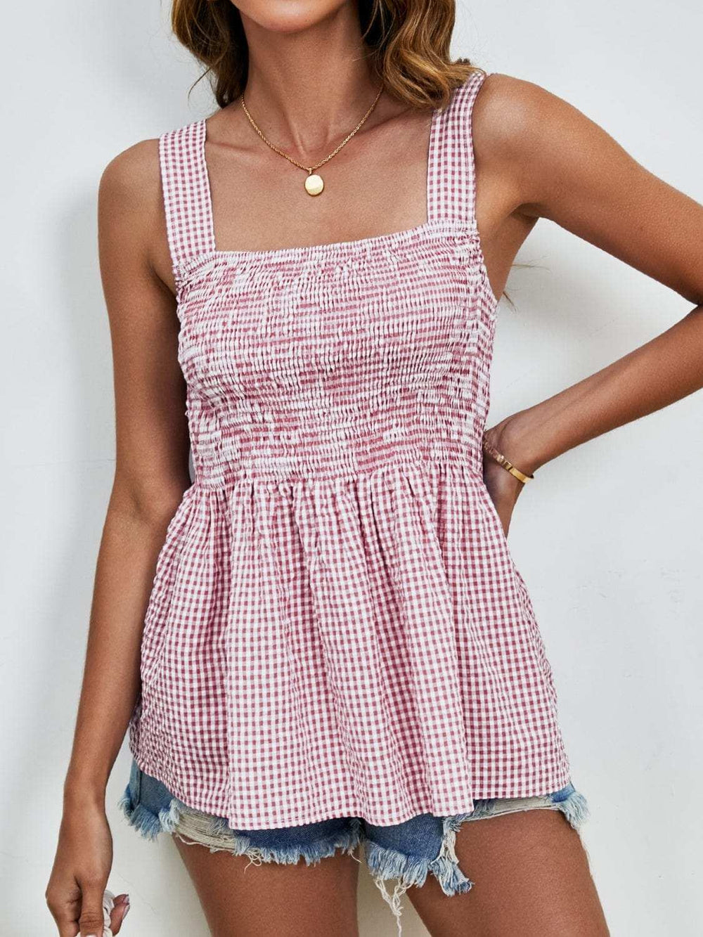 Smocked Plaid Square Neck Tank - Trendsi - Flyclothing LLC