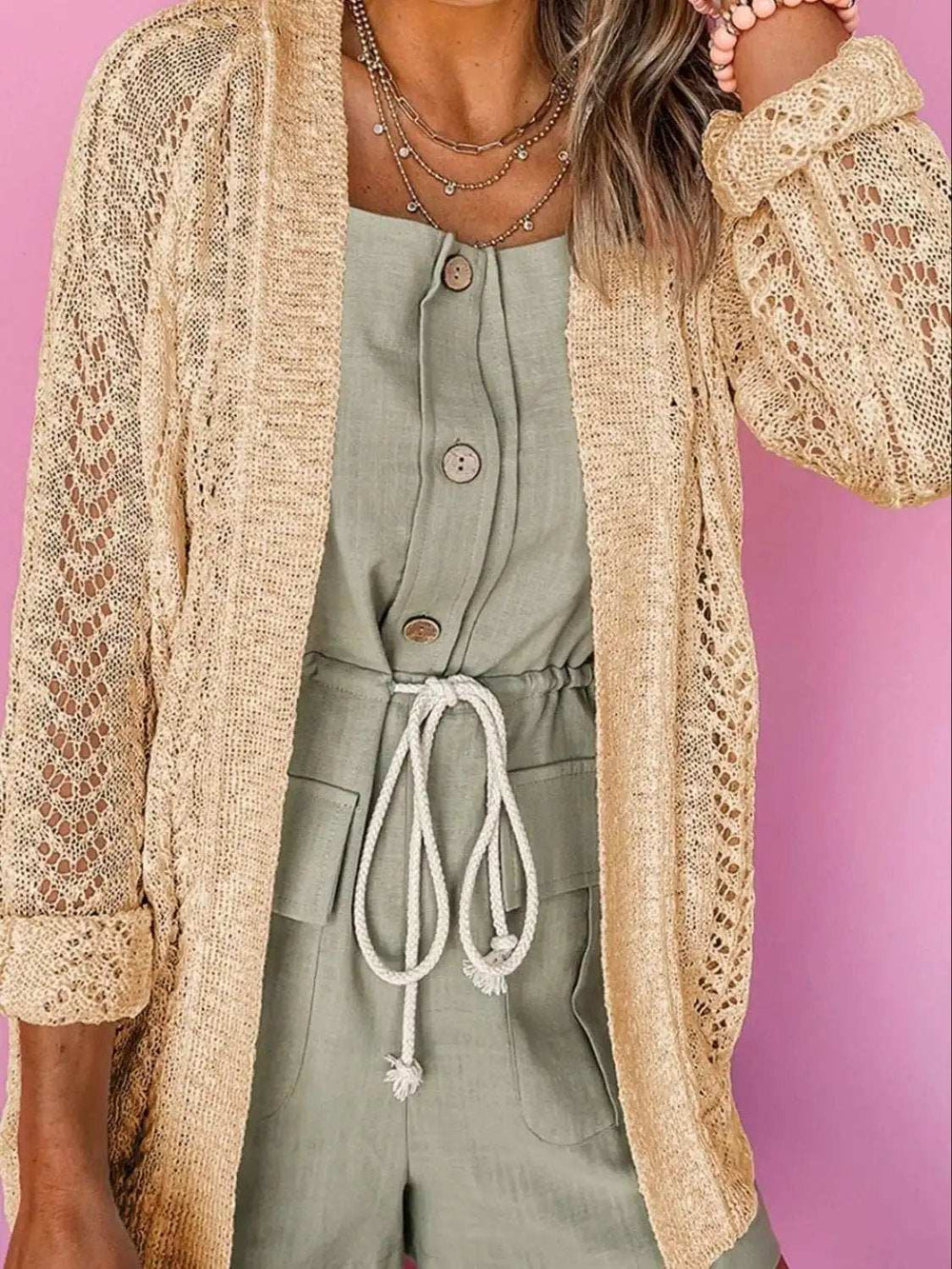 Openwork Open Front Long Sleeve Cardigan - Trendsi - Flyclothing LLC