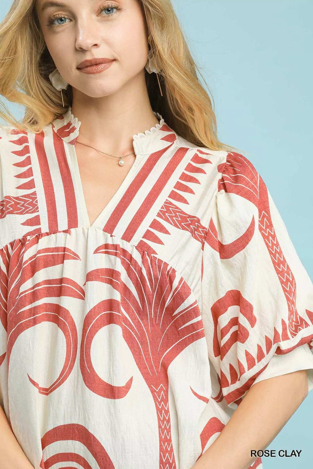 Umgee Folk Art Palm Print Puff Sleeve Blouse - Trendsi - Flyclothing LLC