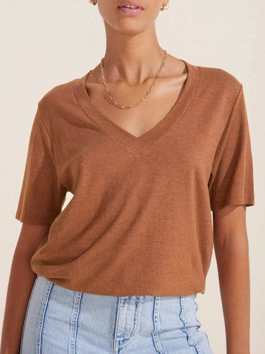 V-Neck Short Sleeve T-Shirt - Trendsi - Flyclothing LLC