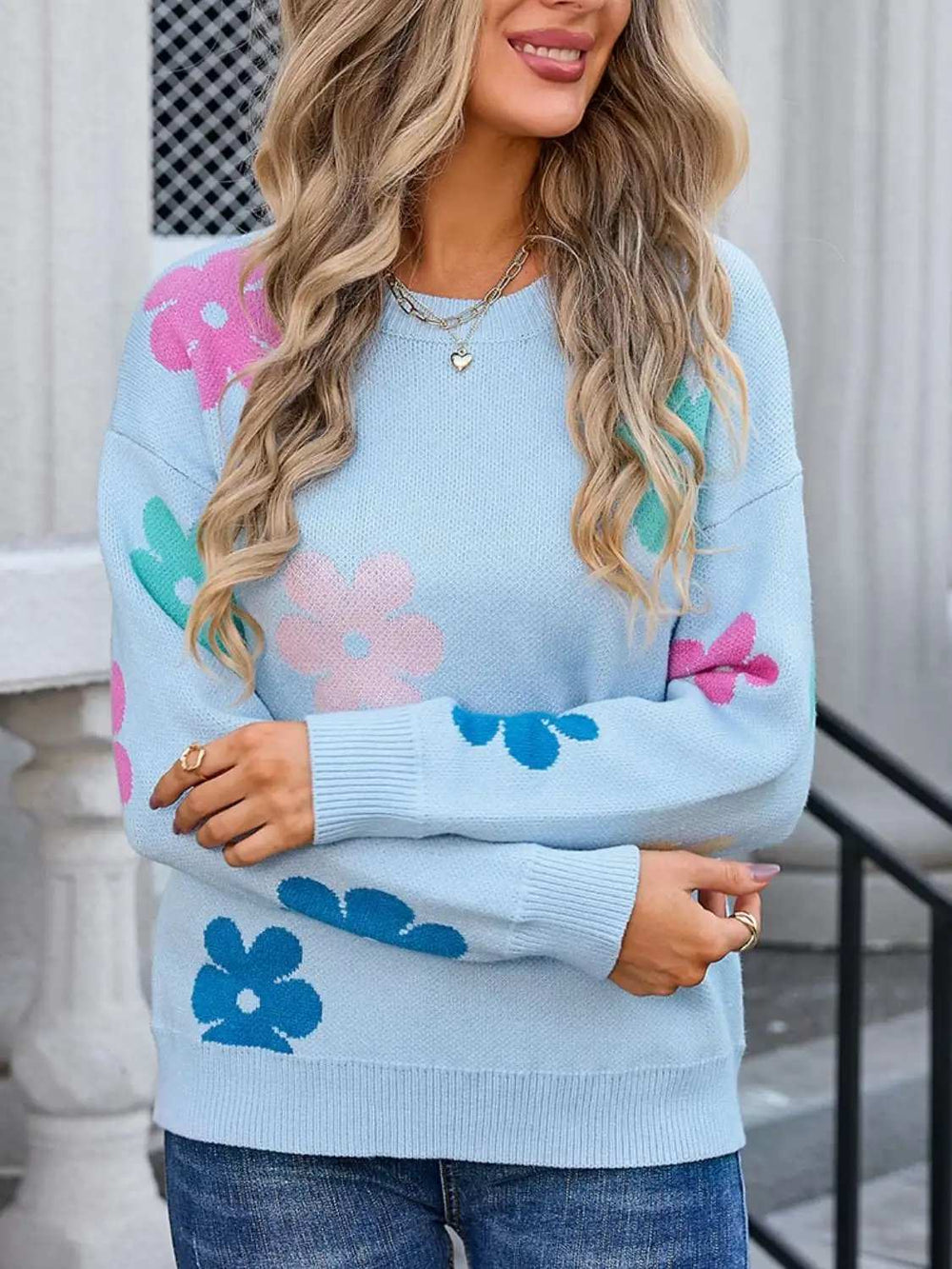Flower Round Neck Long Sleeve Sweater - Trendsi - Flyclothing LLC