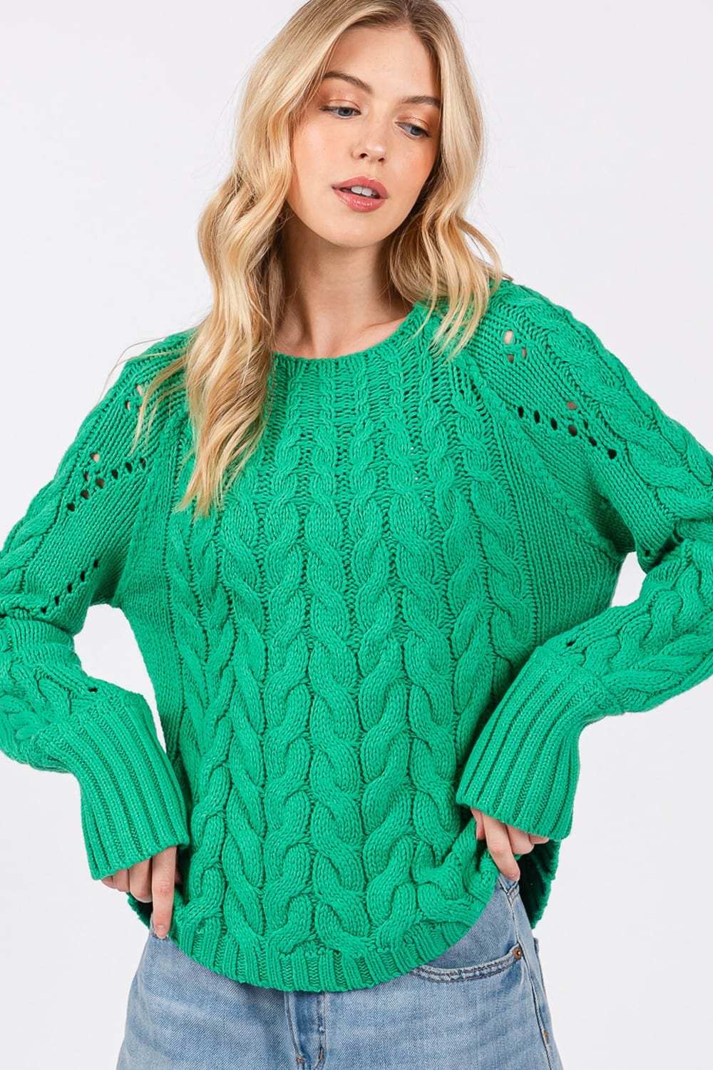 SAGE + FIG Cable-Knit Long Sleeve Sweater - Trendsi - Flyclothing LLC