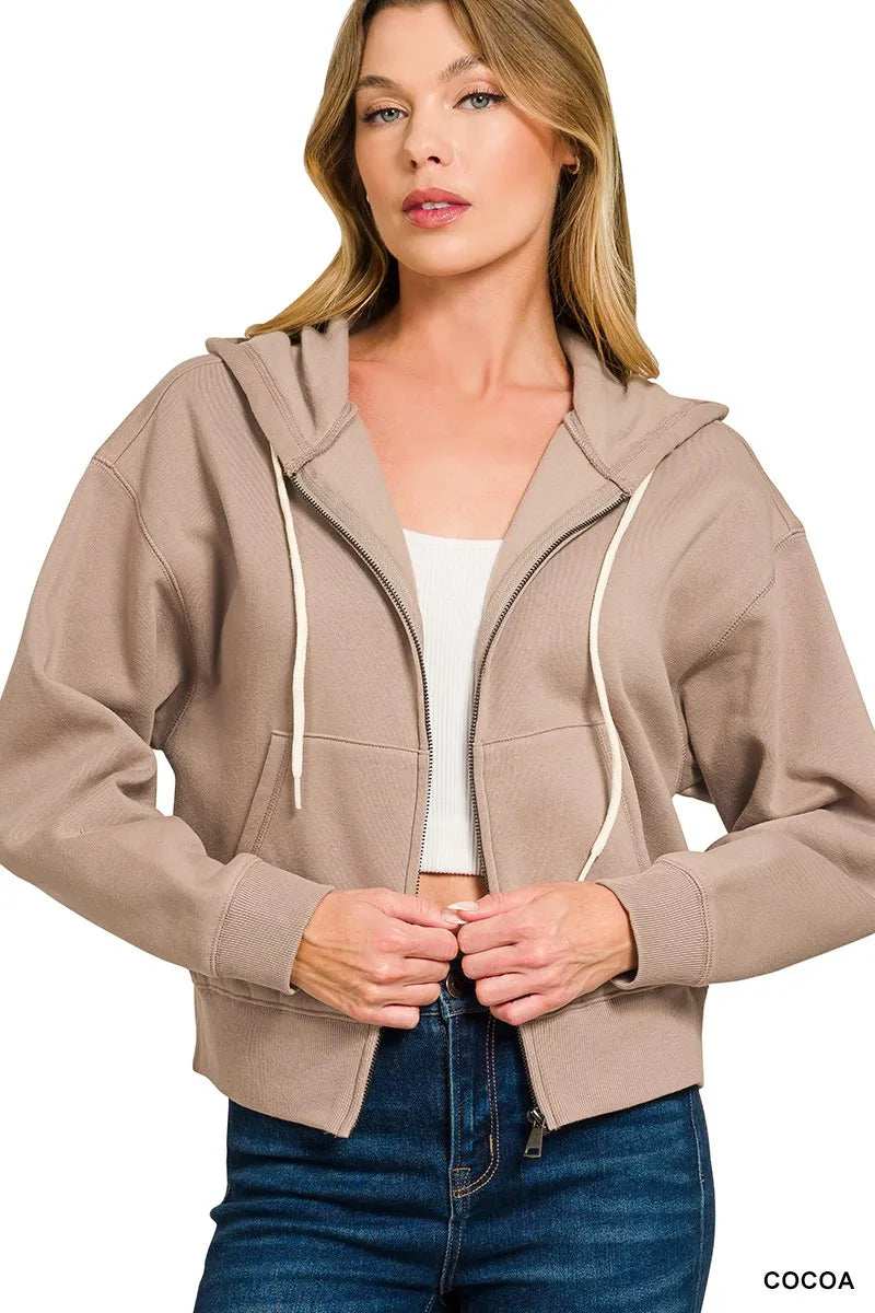 Zenana Fleece Cropped Zip-up Hoodie with Pockets - Trendsi - Flyclothing LLC