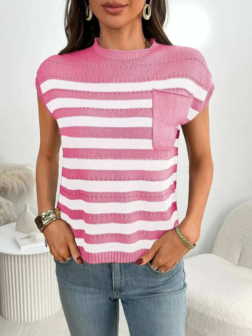 Striped Mock Neck Cap Sleeve Knit Top - Trendsi - Flyclothing LLC