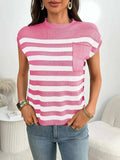 Striped Mock Neck Cap Sleeve Knit Top - Trendsi - Flyclothing LLC